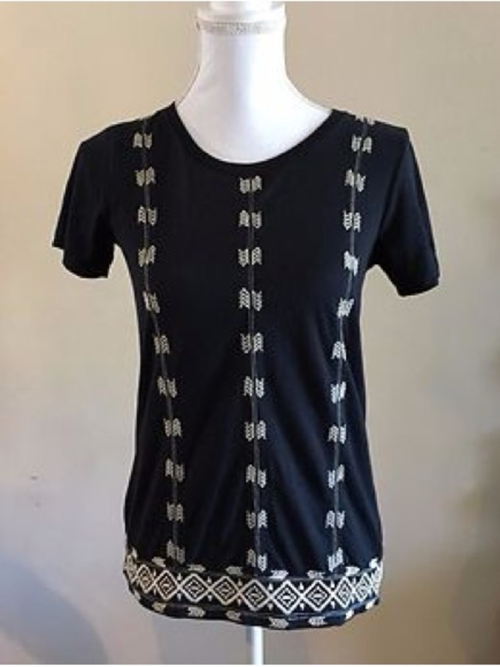 J. Crew Black Short Sleeve Tee with Silver Beaded Stripes and Geometric Hem